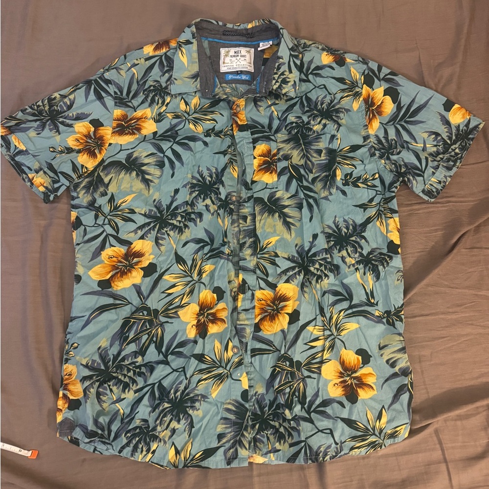 Reyn Spooner Teal and Yellow Floral Shirt
